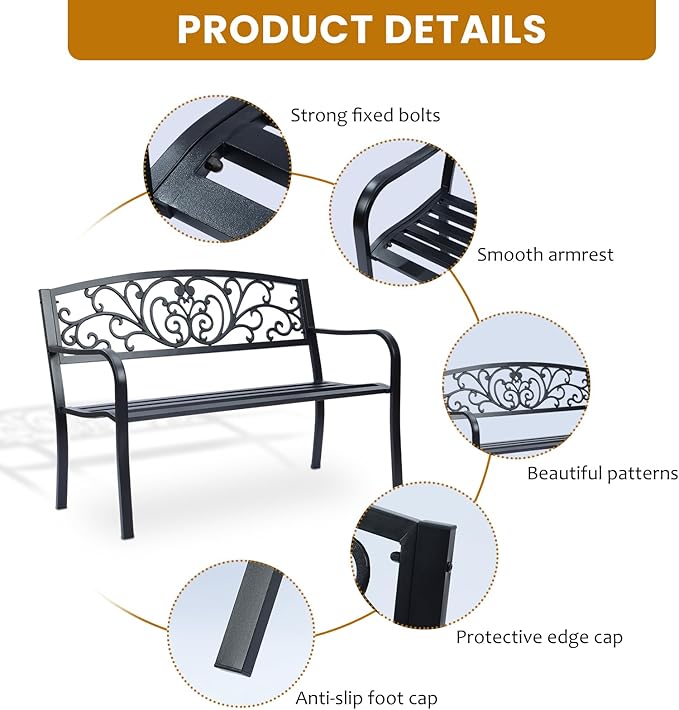 Simply Elegant Flora Metal Park Patio Bench, Outdoor Bench in Black for Porch, Lawn, Garden, Deck by Sun-Ray