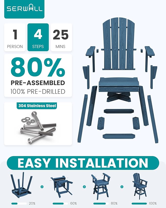 SERWALL Swivel Adirondack Bar Chairs Set of 4, HDPE Outdoor Swivel Barstools Chairs Set of 4 for Bistro, Poolside, Garden, Blue