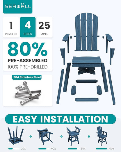 SERWALL Swivel Adirondack Bar Chairs Set of 2, HDPE Outdoor Swivel Barstools Chairs Set of 2 for Bistro, Poolside, Garden, Blue