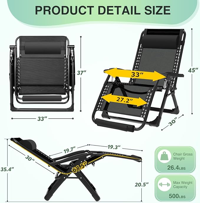 Suteck Oversized Zero Gravity Chair, 33In XXL Lounge Chair w/Removable Cushion&Headrest - Photo 3