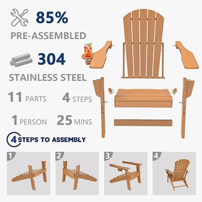 Plawdlik Folding Adirondack Chair, SGS Tested, Wooden Textured with Cup Holder, Heavy All-Weather HDPE Comfortable Set Poolside Backyard Lawn Teak Set 4
