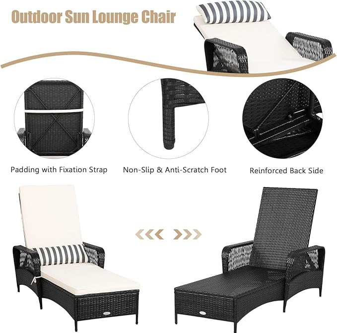 HAPPYGRILL Patio Chaise Lounge Chair Set of 2, Outdoor Rattan Wicker Recliner with Thick Cushion, Lumbar Pillow, Adjustable Backrest for Garden Porch Lawn Poolside