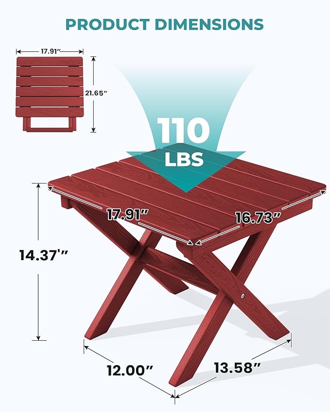 SERWALL Folding Outdoor Side Table Set of 4, Small Adirondack Side Table, Red - Photo 3