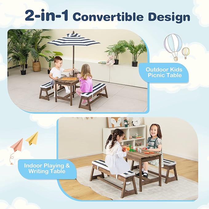 HONEY JOY Kids Picnic Table, Outdoor Wooden Table & Bench Set w/Removable Cushions and Umbrella, Stripe Fabric - Photo 2