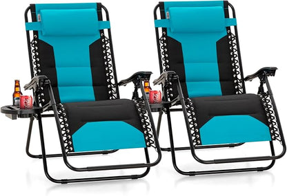 PHI VILLA Zero Gravity Chair Set of 2, Padded Anti Gravity Recliner, Oversized 28" Wide Seat, Foldable Patio Lounger with Armrest & Cup Holder, Supports 400 LBS (Aqua)