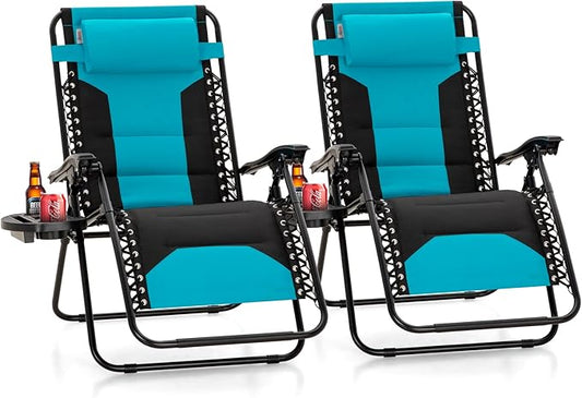 PHI VILLA Zero Gravity Chair Set of 2, Padded Anti Gravity Recliner, Oversized 28" Wide Seat, Foldable Patio Lounger with Armrest & Cup Holder, Supports 400 LBS (Aqua)