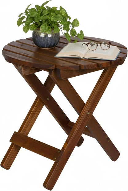 Shine Company Round Wooden Folding Solid Wood Side Table, Outdoor Adirondack Small Patio Table, Oak
