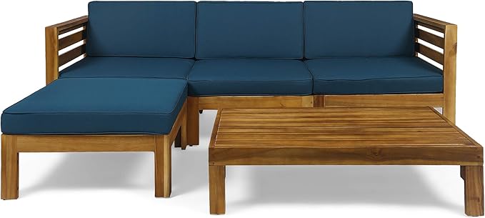 Christopher Knight Home Alice Outdoor 5 Piece Acacia Wood Sofa Set, Teak Finish, Dark Teal - Photo 4
