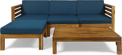 Christopher Knight Home Alice Outdoor 5 Piece Acacia Wood Sofa Set, Teak Finish, Dark Teal