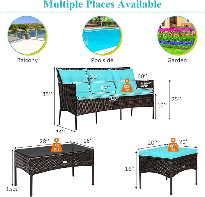 Tangkula 3 Pieces Patio Conversation Set, Outdoor PE Rattan Wicker Furniture Set W/Cozy Cushions - Photo 5