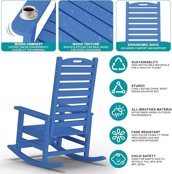 PLUUV Outdoor Rocking Chair Set of 2 with Removable Footboard for Adults, HDPE High Back Patio Rocking Chairs, 330lbs All Weather Porch Rocking Chairs for Outdoor & Indoor -Navy Blue