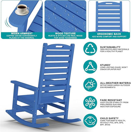 PLUUV Outdoor Rocking Chair with Removable Footboard for Adults, HDPE High Back Patio Rocking Chairs, 330lbs All Weather Porch Rocking Chairs for Outdoor & Indoor -Navy Blue