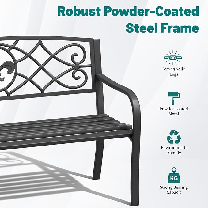 Metal Bench Patio Bench, Outdoor Benches Weatherproof with Floral Backrest, Wrought Iron Garden Benches for Outdoors, Patio, Garden, Park, 2 Pack