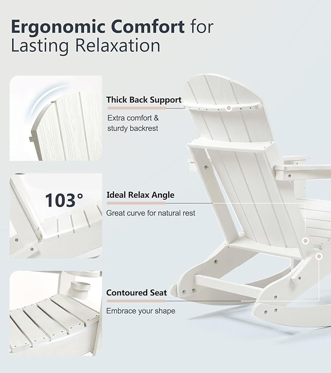 PASAMIC Adirondack Rocking Chairs Set of 2, Foldable All-Weather HDPE Patio Rockers with Retractable Ottoman & Cup Holder, Outdoor Chairs for Porch Backyard Pool Garden Balcony, White