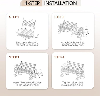 VINGLI Rustic Wooden Wheel Bench Outdoor Bench, Patio Bench Wagon Slatted Seat, Garden Benches for Outdoors 350lbs High Capacity, Weather Resistance (White, 41in)
