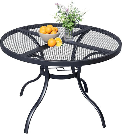 42'' Outdoor Patio Dining Table with Adjustable Umbrella Hole, Mesh Tabletop Round Table, Heavy Duty 400lbs Capacity, for Deck, Balcony, Bistro, Black