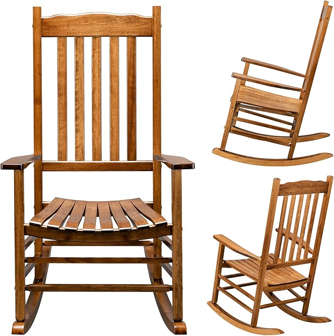 Outdoor Porch Rocker Chairs,Weather Resistant Wood Rocking Chair for Adults,Modern Rocking Accent Chairs,Indoor Outside Furniture Rocker,with Armrest,for Garden Lawn Backyard Poolside Deck (Natural)