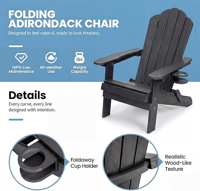 JEKO&JEKO Folding Adirondack Chairs Set of 4, All-Weather Outdoor Chair with Cup Holder, Plastic Adirondack Chair for Patio, Garden, Lawn, Porch, Deck, Backyard – Black