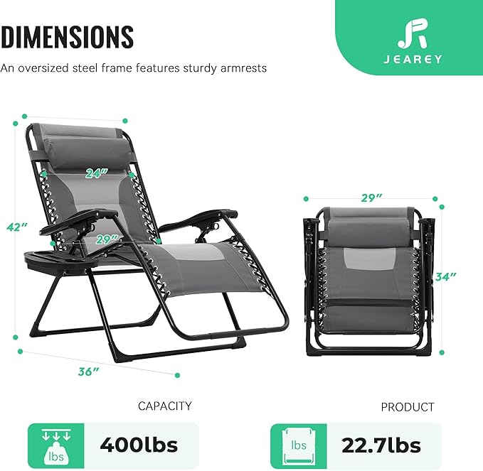 JEAREY Oversized Padded Zero Gravity Chairs, Folding Lounge Chair Outdoor Patio Recliner, Anti Gravity Chair for Backyard with Headrest, Cup Holder, Side Tray, Polyester Mesh - Gray/Light Gray