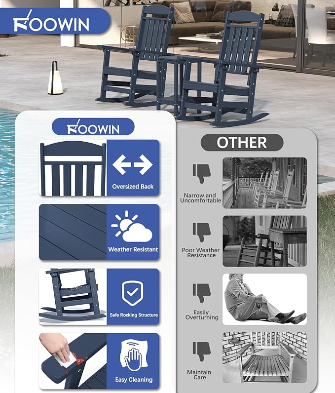 FOOWIN Outdoor Rocking Chair Set of 8, High Back Patio Rocking Chair, HDPE All Weather Resistant Porch Rocker for Adult, Oversized Rocking Chairs for Garden, Lawn, Indoor & Outdoor Use, Navy Blue