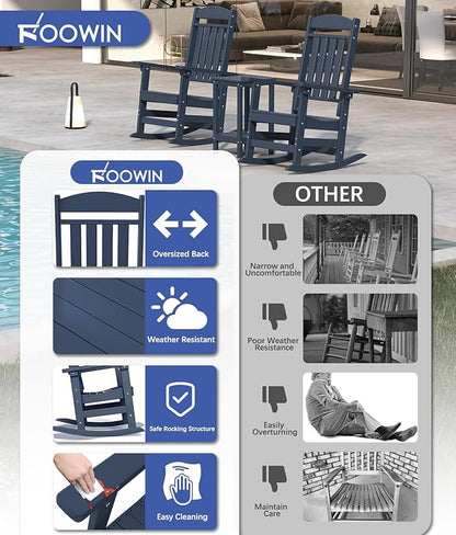 FOOWIN Outdoor Rocking Chair Set of 2, High Back Patio Rocking Chair, HDPE All Weather Resistant Porch Rocker for Adult, Oversized Rocking Chairs for Garden, Lawn, Indoor & Outdoor Use, Navy Blue