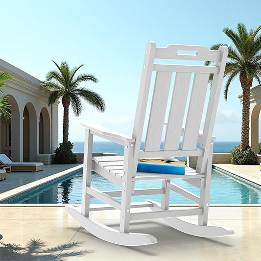 Rocking Chair, Outdoor Rocking Chair for Adults, HDPE Outdoor Chairs with Footboard, All Weather Resistant Porch Rocker, White