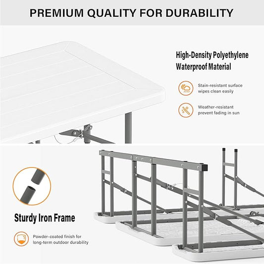 VINGLI Folding Picnic Table and Bench Set with Umbrella, Portable Outdoor Dining Furniture for Camping, Patio, Backyard, Wood Grain Plastic Top with Metal Frame