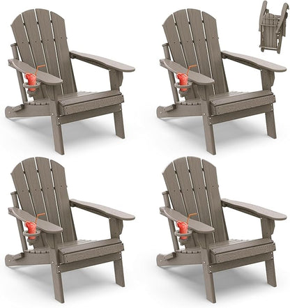 IVY&LANE Folding-Adirondack-Chair-Set-of-4 | HDPE Plastic | Wood Grain | Outdoor Fire Pit Chair with Cup Holder | Poly | Weather Resistant | for Patio Deck Poolside Garden Beach