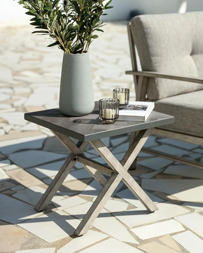 Aluminum Outdoor Side Table, Anti-Rust Outside Patio Side Table with Resin Tabletop, Modern Weather Resistant Square Patio End Table for Yard, Garden, Poolside, White Oak