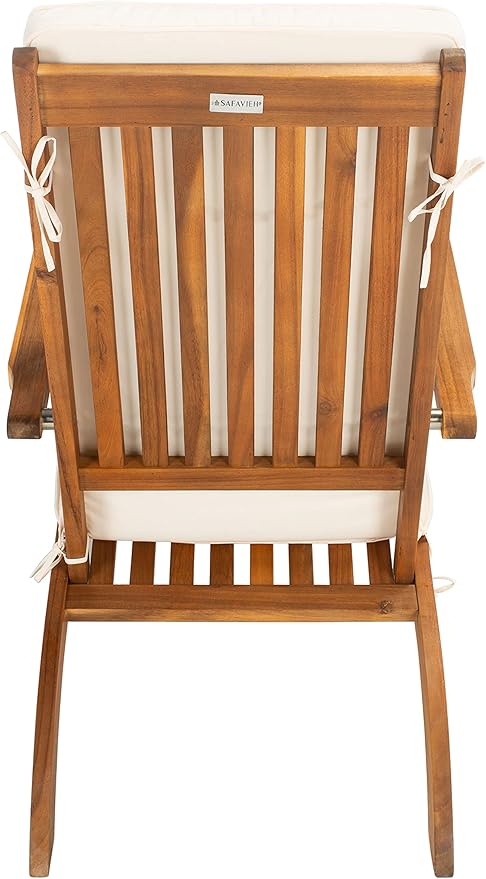 SAFAVIEH Outdoor Collection Palmdale Natural Brown Solid Wood/Beige Cushion with Striped Pillow Chaise Lounge Chair (PAT7015E)