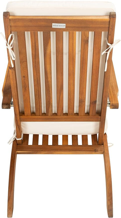 SAFAVIEH Outdoor Collection Palmdale Natural Brown Solid Wood/Beige Cushion with Striped Pillow Chaise Lounge Chair (PAT7015E)