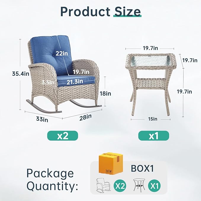 Patio Rocking Chair - 3 Peices Outdoor Wicker Rocker Porch Chair Set with Tempered Glass Side Table, 300 Lb Weight Capacity Rattan Seating for Balcony Garden - Light Beige/Blue