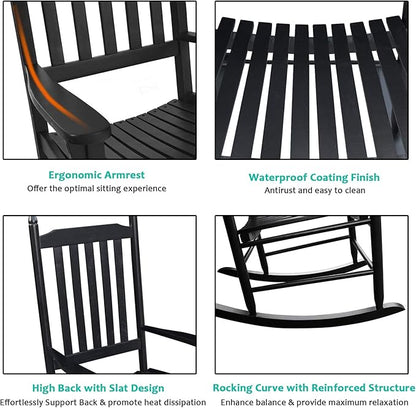 HomVent Wood Rocking Chair, 280 Lbs Heavy Duty Rocking Rocker Chair, Backyard and Patio Porch Rocker with Wide Seat and Armrest for Outdoor& Indoor Use, Cushion not Include (Black)