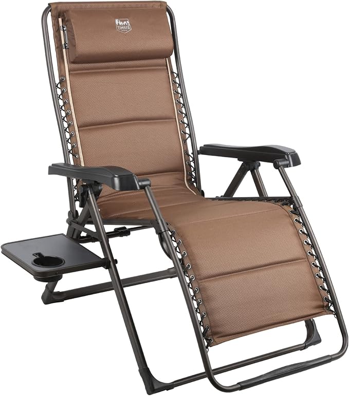 TIMBER RIDGE Aluminum Zero Gravity Chairs, Folding Recliner Chair Padded with Cup Holder and Headrest, Adjustable Lounge Reclining Chair for Outdoor Camping Lawn Patio Indoor, Supports 350lbs, Brown