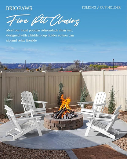 BRIOPAWS Folding-Adirondack-Chairs Set of 4 | HDPE | Fire Pit Chair | Cup Holder | Weather Resistance | White | for Outdoor Backyard Deck Patio
