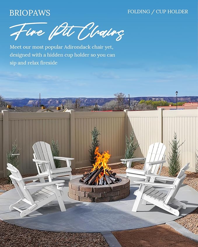 BRIOPAWS Folding-Adirondack-Chairs Set of 2 | HDPE | Fire Pit Chair | Cup Holder | Weather Resistance | White | for Outdoor Backyard Deck Patio
