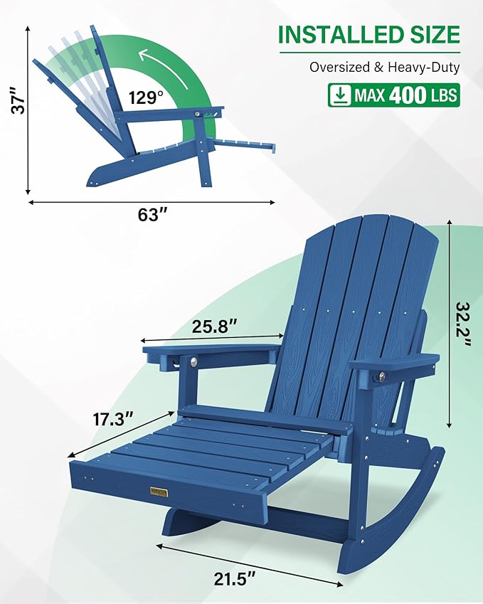 YEFU Adirondack Rocking Chairs Set of 2 : Oversize Adirondack Chair with Retractable Ottoman- 5-Level Adjustable High Back - Outdoor Rocker with Cup Holder for Porch/Garden/Lawn/Patio/Backyard/Navy