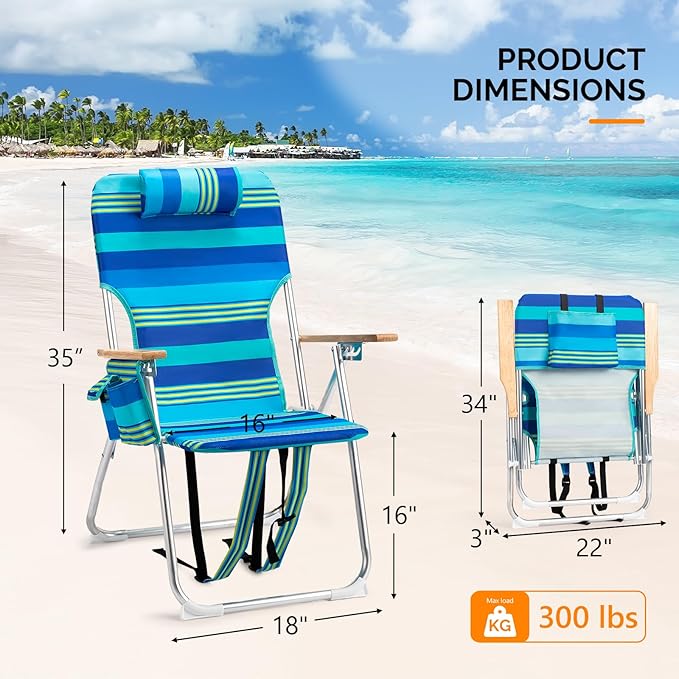 VINGLI 17" Tall Beach Chairs for Adults,Aluminum 4-Position Backpack Beach Chair with Wooden Armrests,Folding Lawn Chair for Outdoor, Camping, Patio