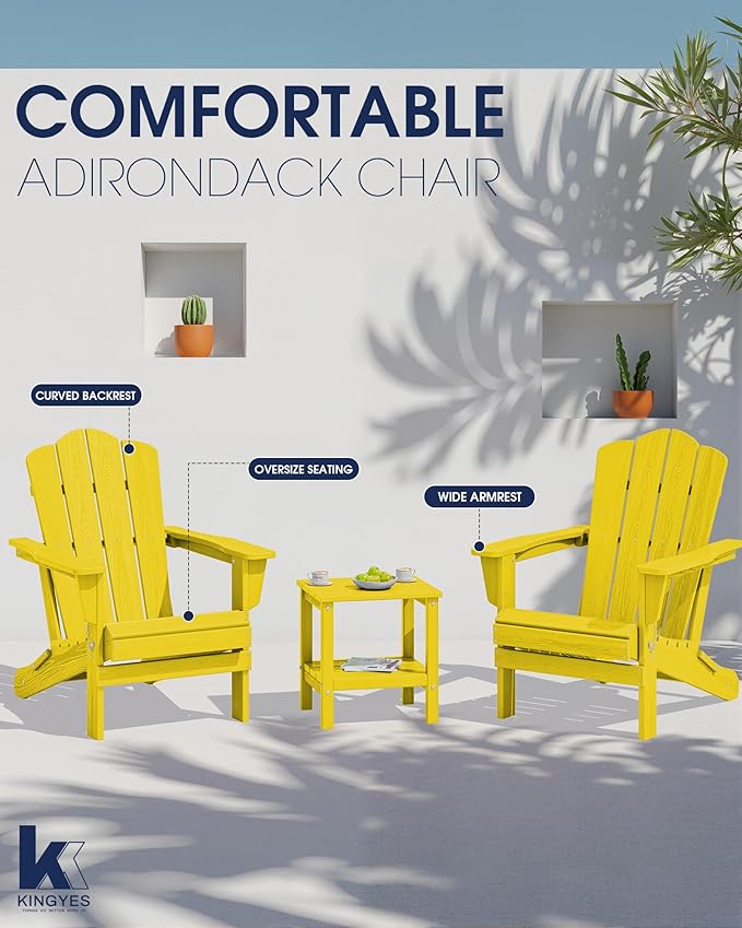 KINGYES Folding Adirondack Chair, HDPE All-Weather Patio Chairs, Wooden Textured Lawn Chair for Poolside, Backyard, Deck, Fire Pit, Yellow