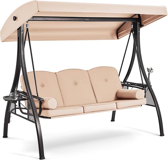 HOMREST 3 Seat Outdoor Porch Swing with 1.5" Deepened Cup Holder, Adjustable Canopy, Patio Swing Bed with Stand - Photo 1