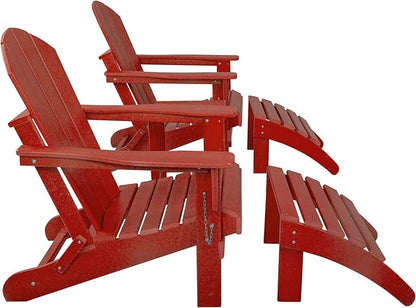 WestinTrends Malibu Outdoor Lounge Chairs Set, 5-Pieces Adirondack Chair Set of 2 with Ottoman and Side Table, All Weather Poly Lumber Patio Lawn Folding Chair for Outside, Red