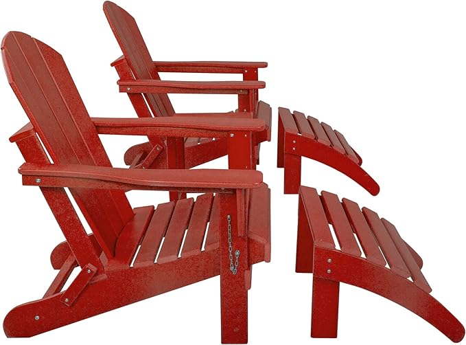 WestinTrends Malibu Outdoor Lounge Chairs Set, 5-Pieces Adirondack Chair Set of 2 with Ottoman and Side Table, All Weather Poly Lumber Patio Lawn Folding Chair for Outside, Red