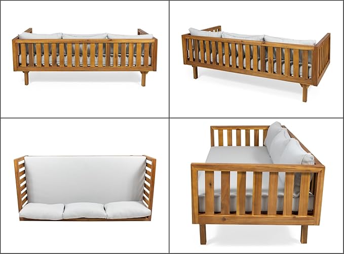 Merax Outdoor 3 Seater Daybed, Acacia Wood Day Bed Couch Sofa with Cushions for Patio Backyard, Garden, Light Grey