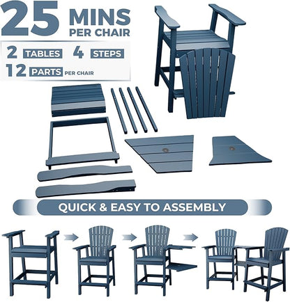 Outdoor Recycled Poly Adirondack Barstools with Connecting Tray, Tall Adirondack Chairs Bar Chairs for Deck, Balcony, Backyard, Patio Bar Stool Chair with High Back Weather Resistant Set of 2
