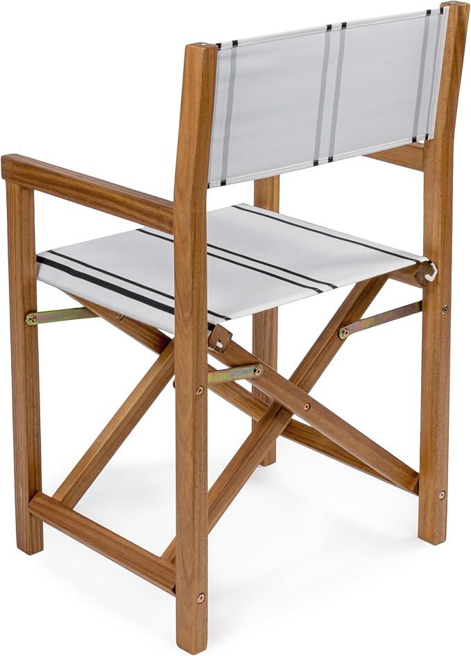 JONATHAN Y DRC1001B-SET2 Cukor Classic Vintage Outdoor Acacia Wood Folding Director Chair with Canvas Seat Mid-Century, Modern, Traditional, Classic, Coastal, White/Black Stripe/Teak Brown (Set of 2)