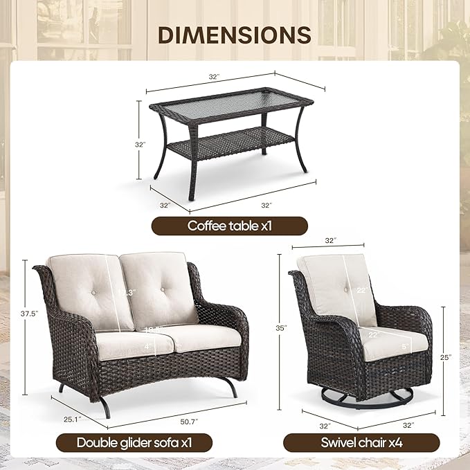 Patio Loveseat Glider Set, Resin Wicker Loveseat Glider with 2 Swivel Patio Chiars and Coffee Table, 4 Piece Patio Bistro Set Furniture Loveseat Set, Brown Wicker|Beige Cushions