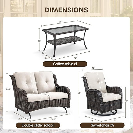 Patio Loveseat Glider Set, Resin Wicker Loveseat Glider with 2 Swivel Patio Chiars and Coffee Table, 4 Piece Patio Bistro Set Furniture Loveseat Set, Brown Wicker|Beige Cushions