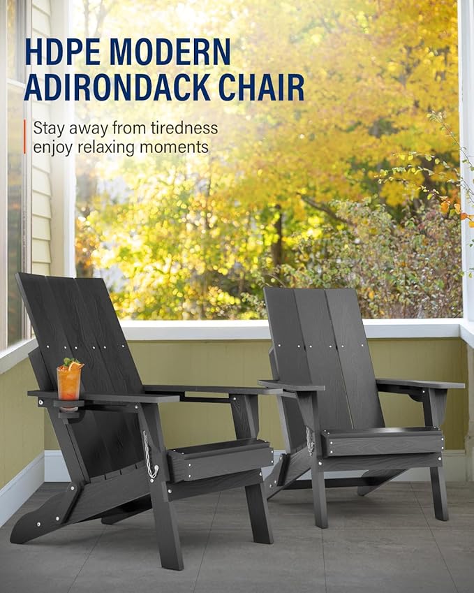 Adirondack Chair with Cup Holder: Folding Adirondack Chairs Plastic HDPE Material Furniture - Modern Composite Fire Pit Chairs Foldable for Outdoor/Backyard/Garden/Lawn/Deck/Porch/Patio