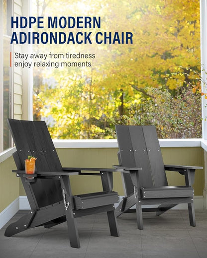 Adirondack Chair with Cup Holder: Folding Adirondack Chairs Set of 2 Plastic HDPE Material Furniture - Modern Composite Fire Pit Chairs Foldable for Outdoor/Backyard/Garden/Lawn/Deck/Porch