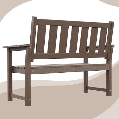 HDPE Outdoor Bench – 50'' Weatherproof Durable Garden Bench, 2-Person Park Bench, Multi-Purpose Design Ideal for Porch, Patio, Church, and School (Brown)